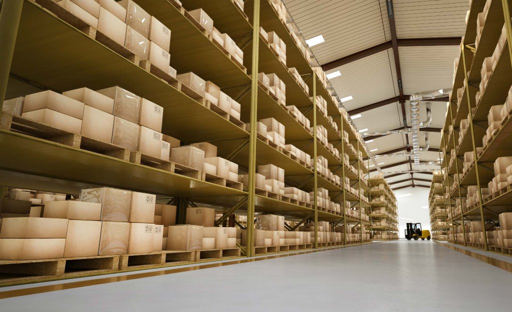 Row of neatly stacked boxes in a warehouse.